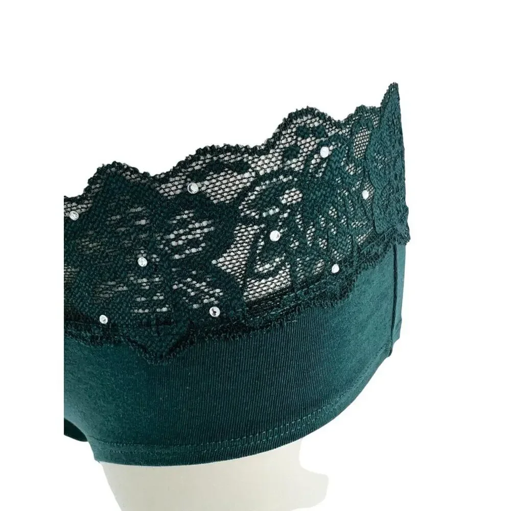 Victoria's Secret PINK  Deep Green Hipster Lace Trim Rhinestone Accent Small